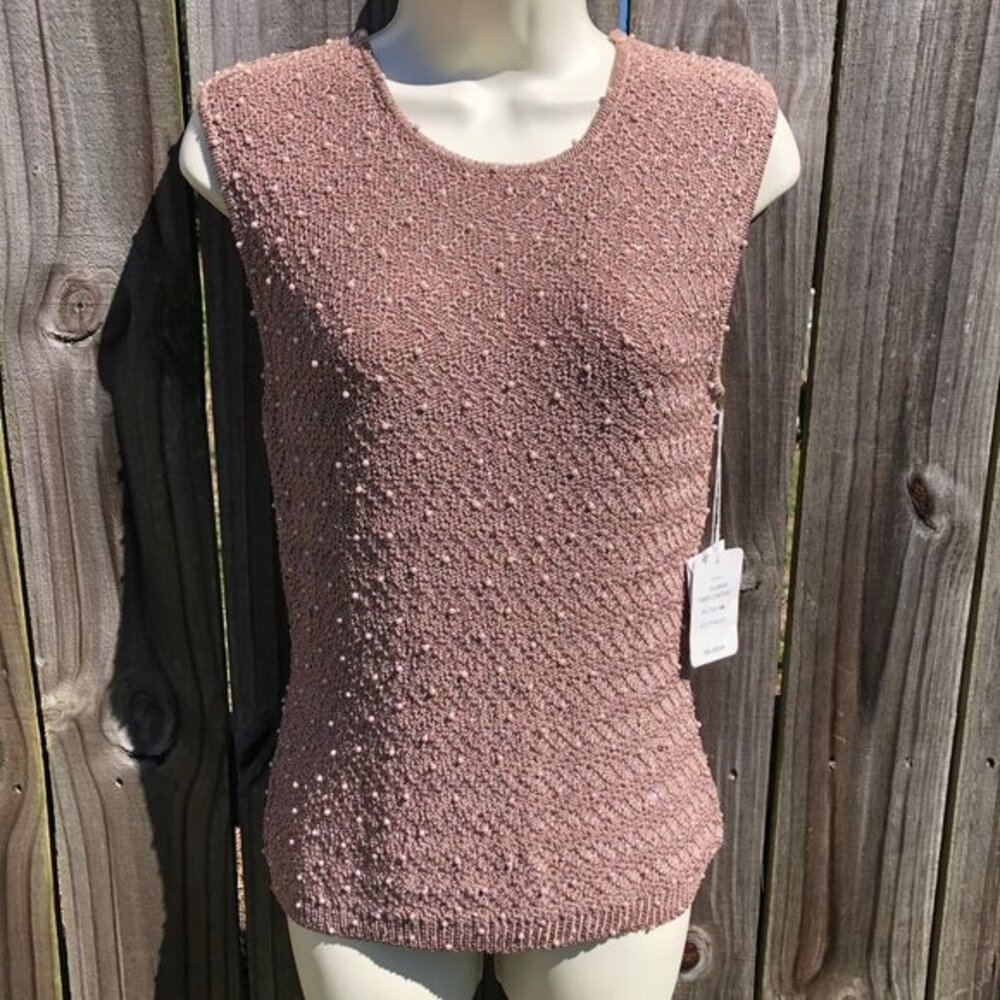 VIE Victoria Royal NWT Medium Tank Top Beaded Blouse Pink Vintage Ribbed Zig Zag